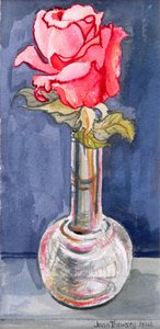 つぼみの花瓶のピンクのバラ、2000年。手作りの紙の水彩画 作： Joan Thewsey